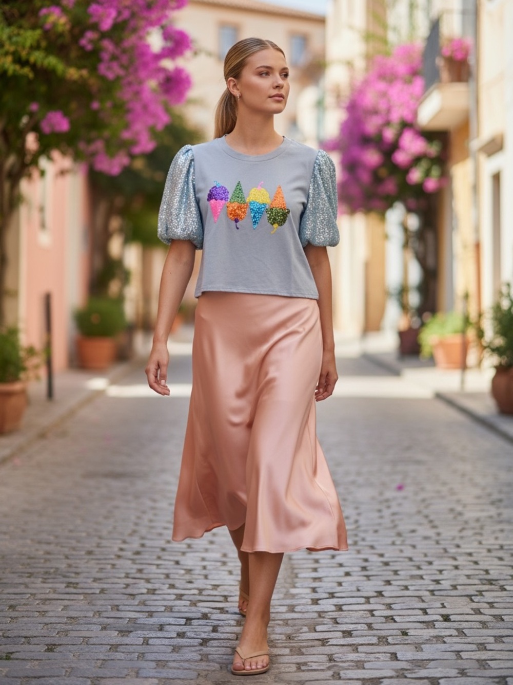 221 • Peach Love Sequined Ice Cream Summer tee with Sequined Puff Sleeves